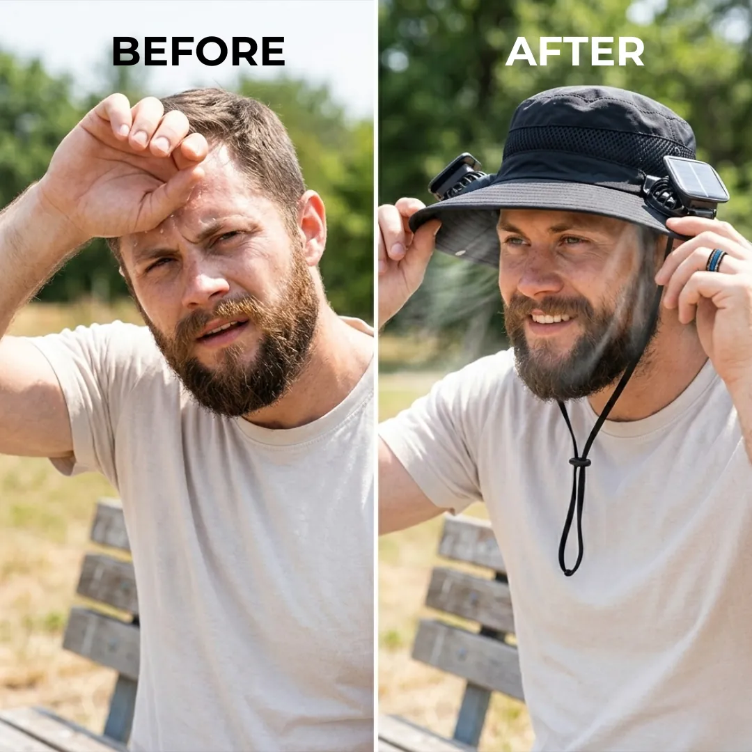 Before and after wearing the solar fan hat