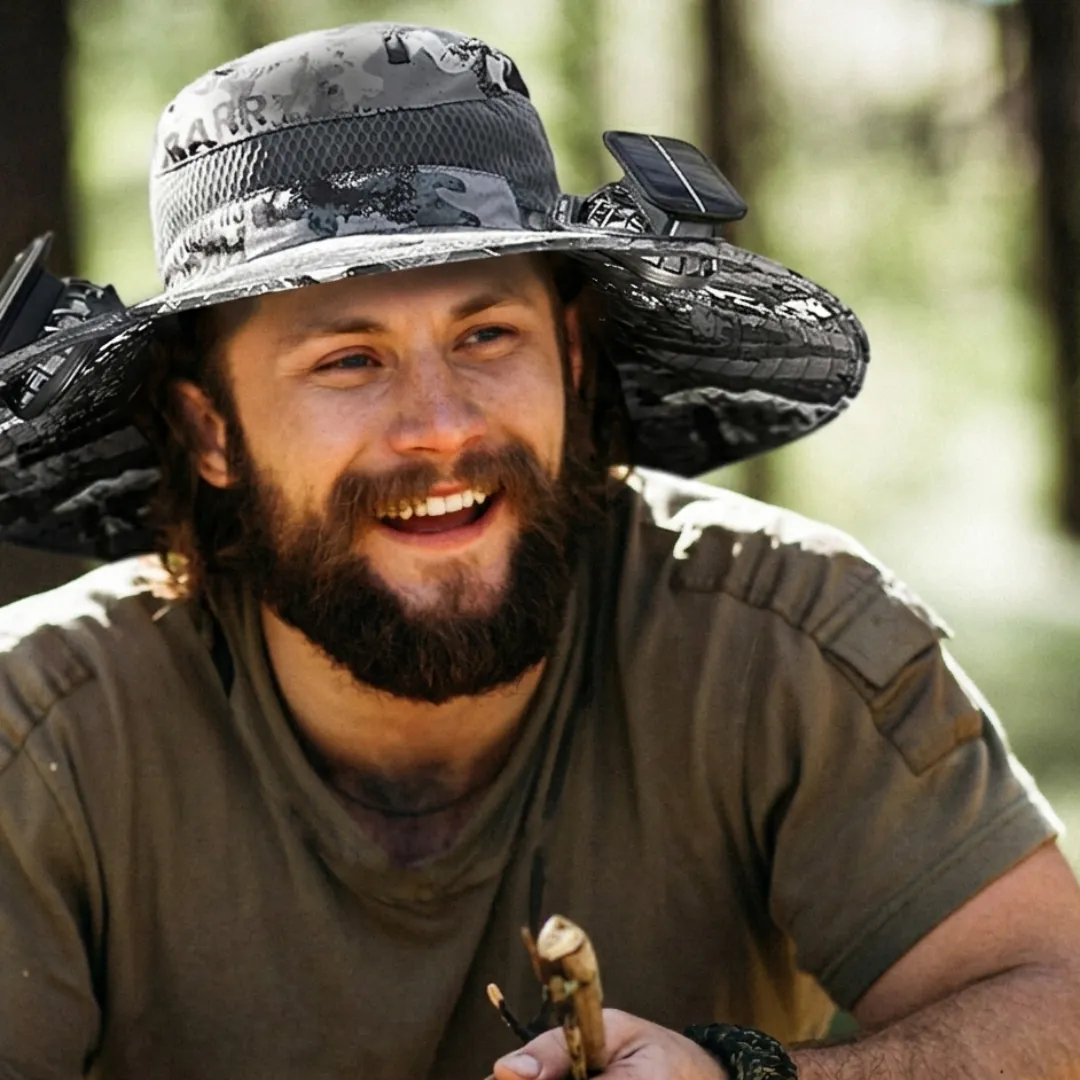 Man staying cool outdoors wearing the solar fan hat